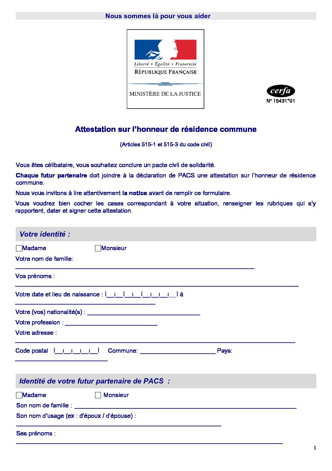 cerfa_15431-01 attestation sur l’honneur de résidence commune