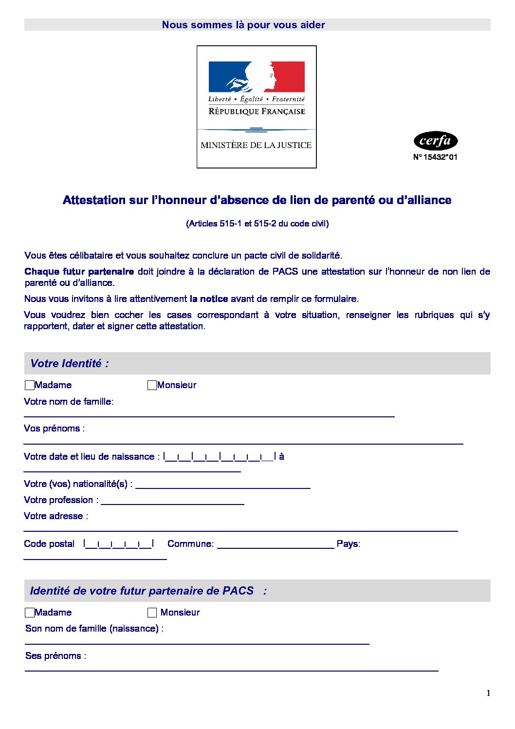 cerfa_15432-01 attestation sur l’honneur de lien de non parenté ou d’alliance